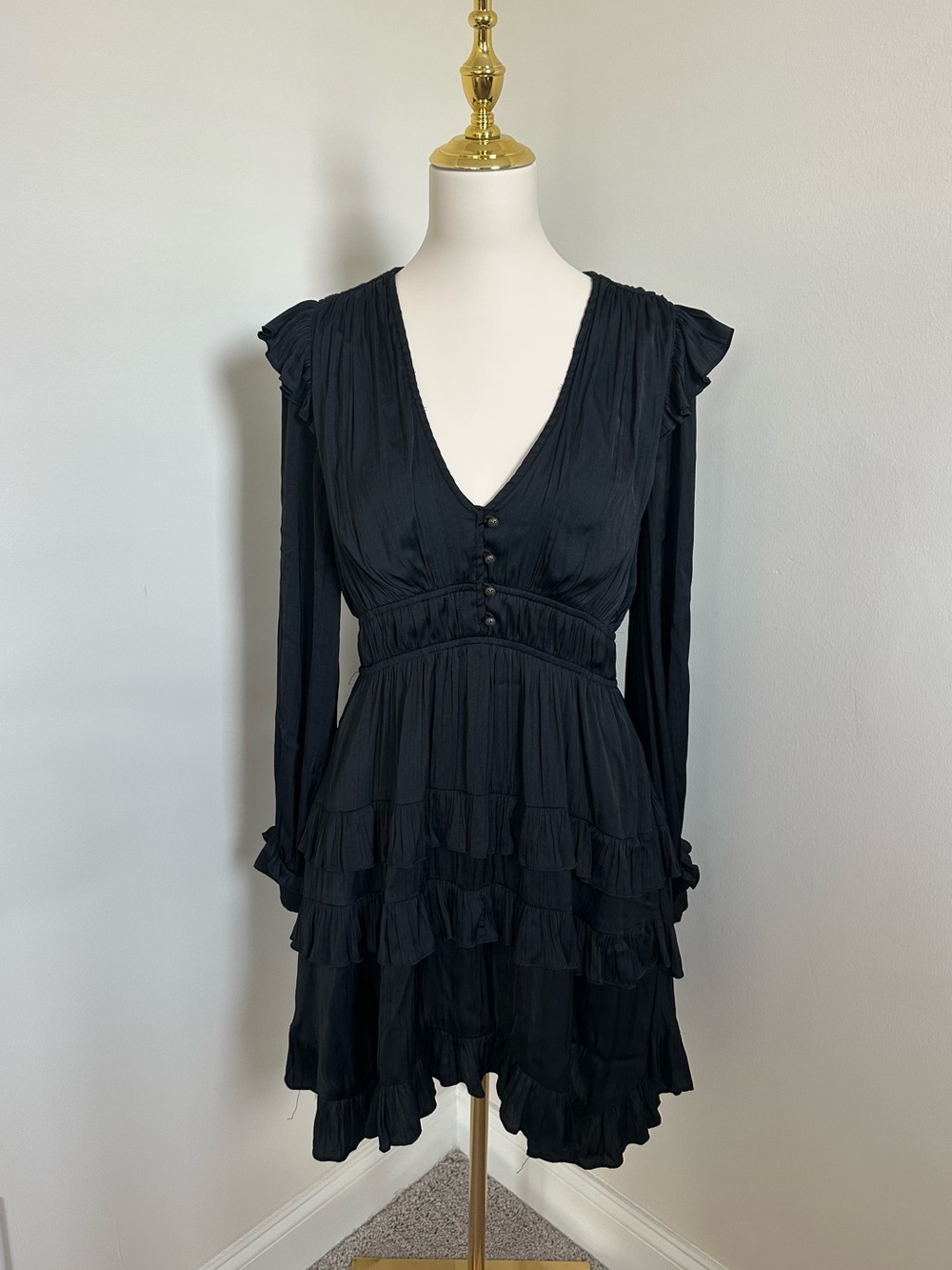 Anthropologie Black Satin Tiered Dress - Picture 3 of 8